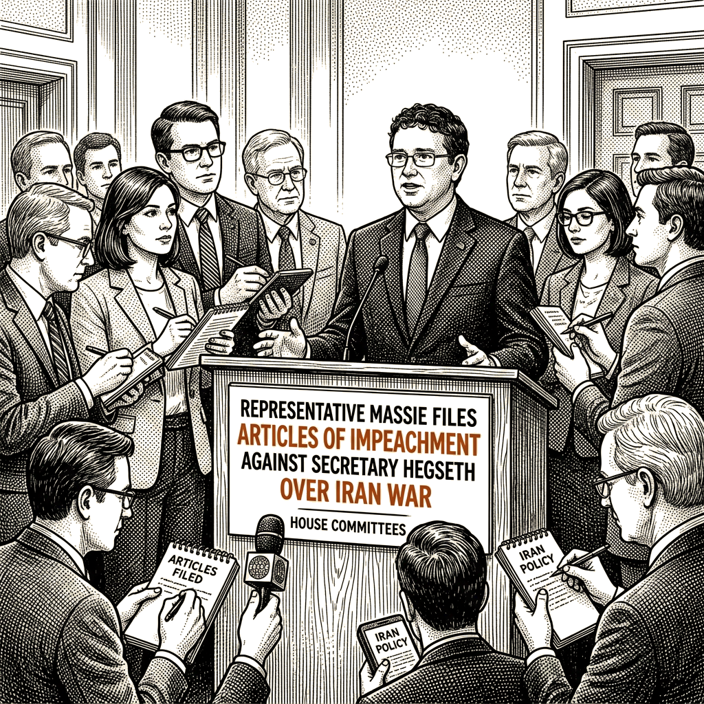 Illustration accompanying article: Massie files articles of impeachment against Hegseth over Iran war