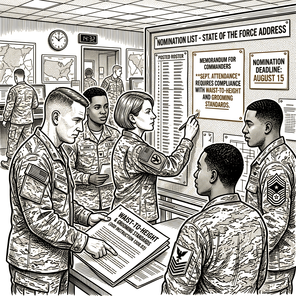 Illustration accompanying article: Pentagon sets physical standards for Hegseth's September speech