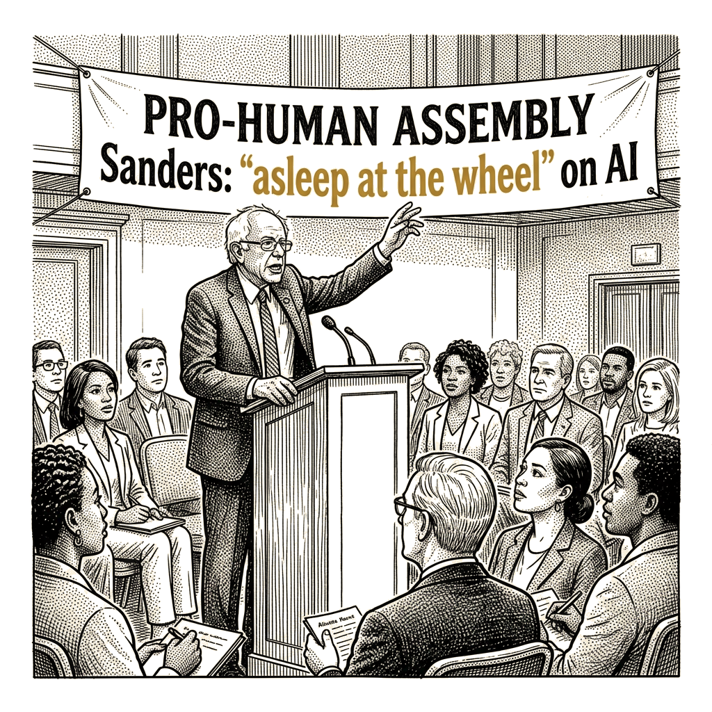 Illustration accompanying article: Sanders tells Pro-Human Assembly Congress 'asleep at the wheel' on AI