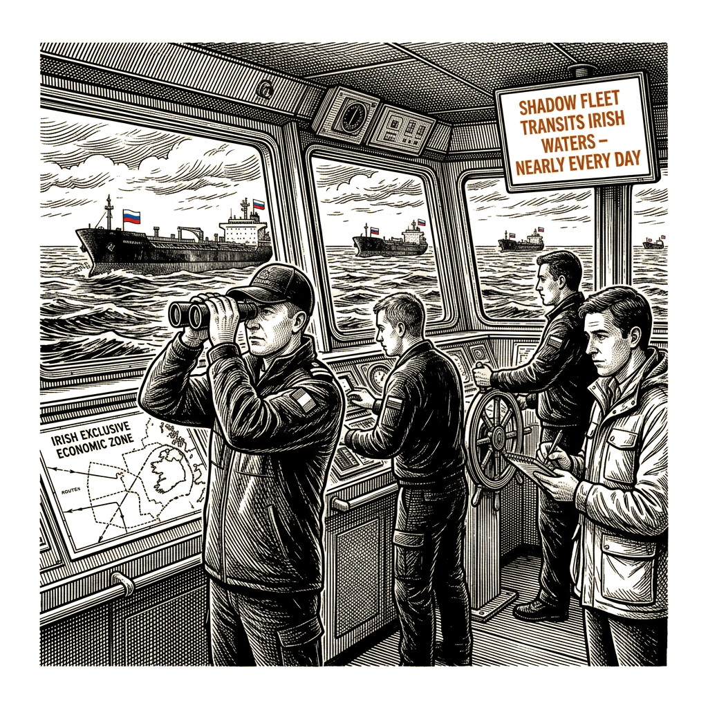 Illustration accompanying article: Suspected Russian shadow fleet transits Irish waters almost every day