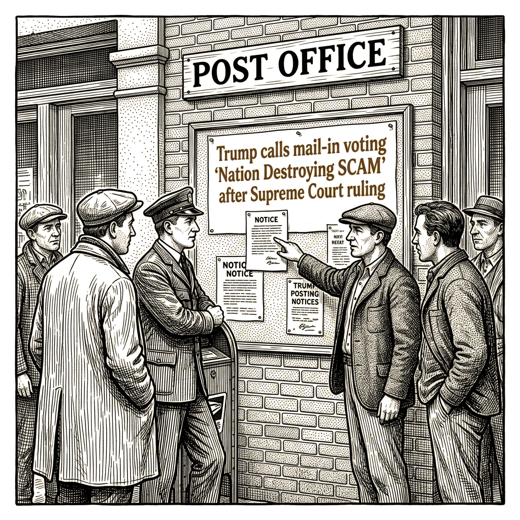 Illustration accompanying article: Trump calls mail-in voting 'Nation Destroying SCAM' after Supreme Court ruling