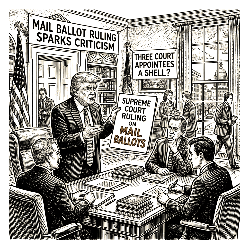 Illustration accompanying article: Trump criticizes Supreme Court appointees after mail ballot ruling