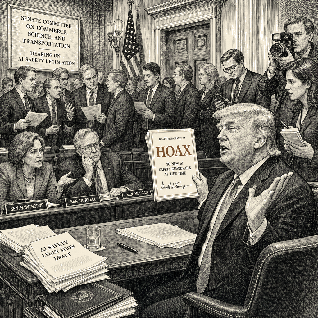 Illustration accompanying article: Trump dismisses AI safety warnings as Congress stalls legislation