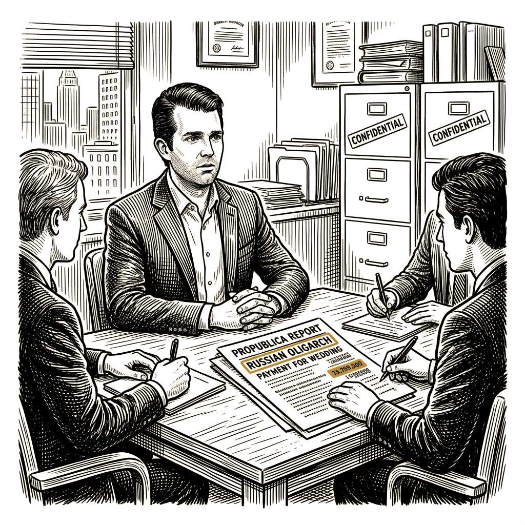 Illustration accompanying article: Trump Jr confirms Russian oligarch paid for wedding after ProPublica report
