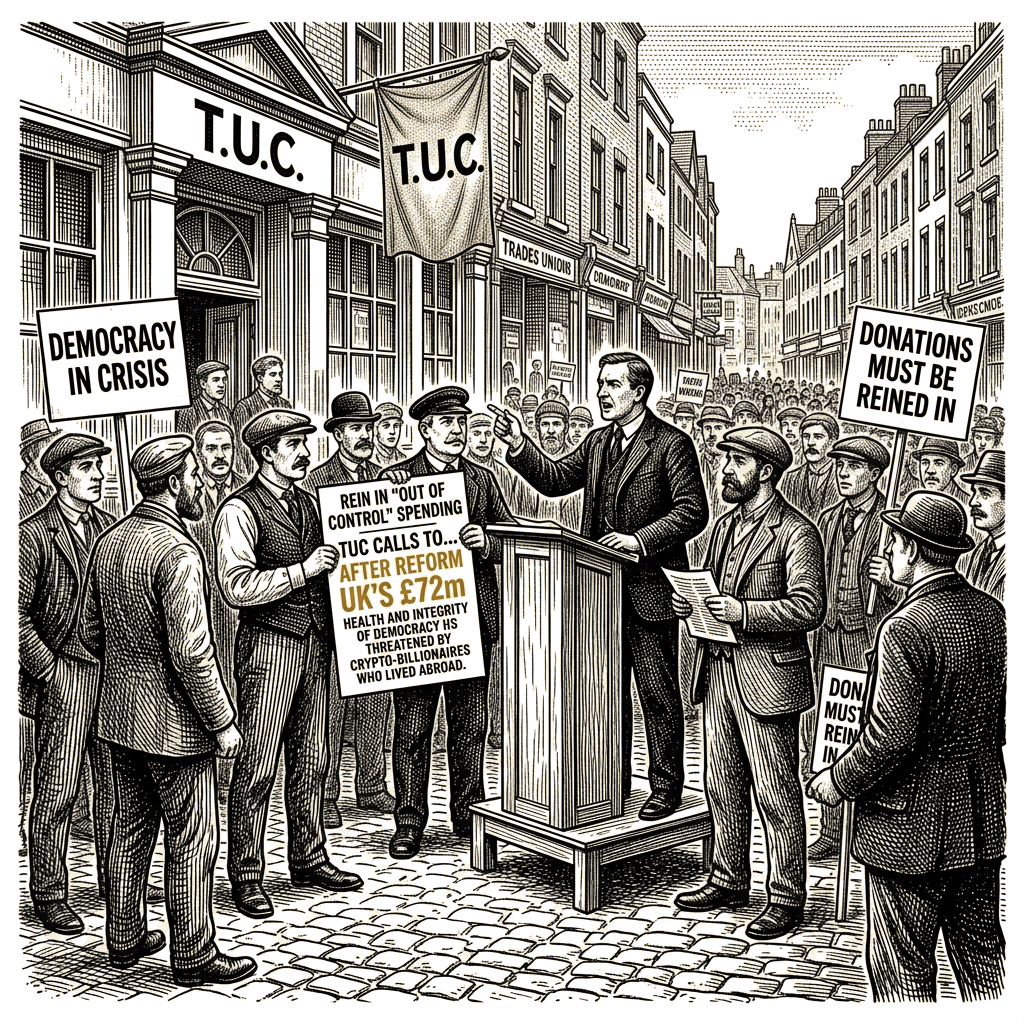 Illustration accompanying article: TUC calls to rein in 'out of control' spending after Reform UK's £72m