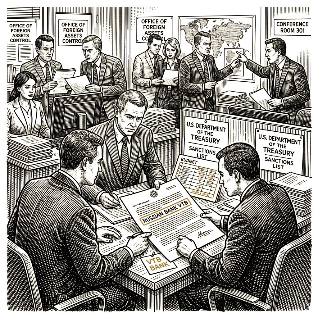 Illustration accompanying article: US blacklists Russia's VTB Bank over alleged Iran sanctions evasion