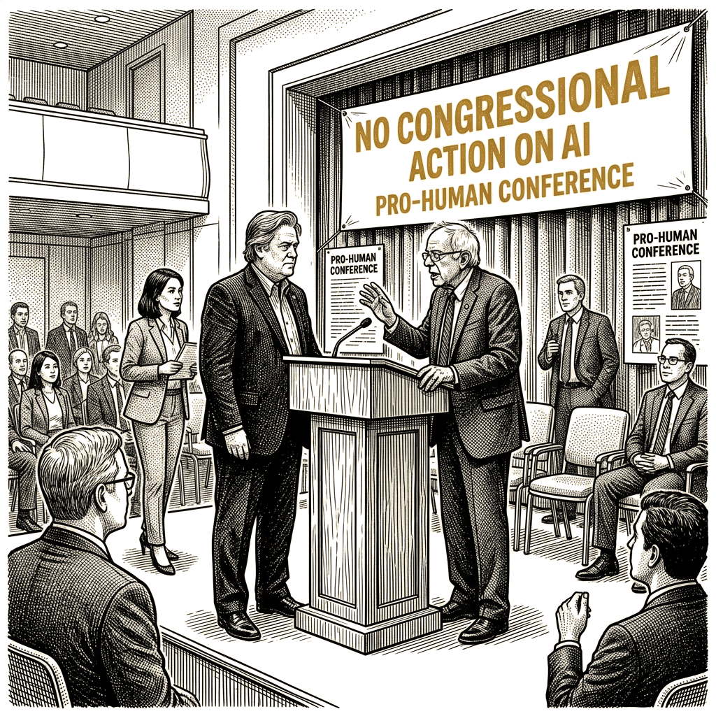 Illustration accompanying article: Bannon, Sanders share stage at 'pro-human' AI conference in Washington