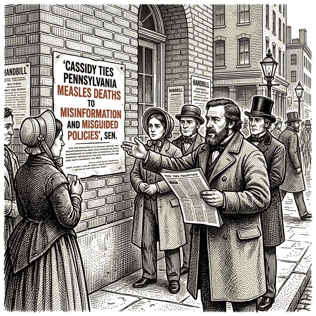 Illustration accompanying article: Cassidy ties Pennsylvania measles deaths to 'misinformation and misguided policies'
