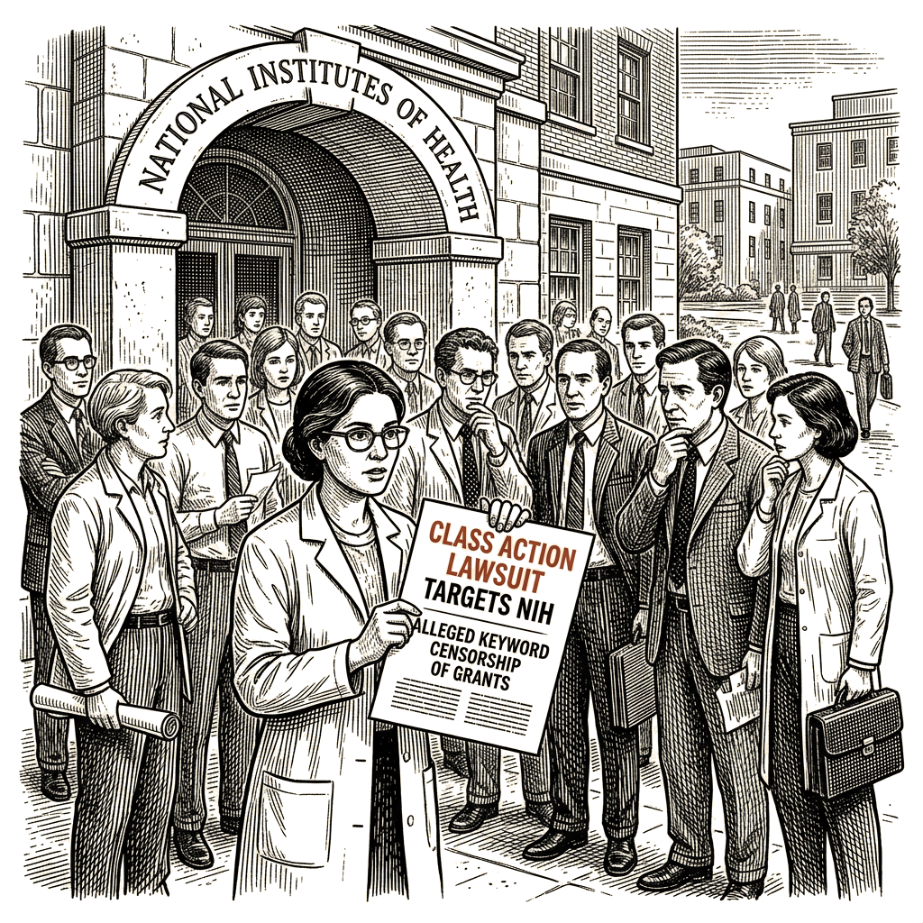 Illustration accompanying article: Class action lawsuit targets NIH over alleged keyword censorship of grants