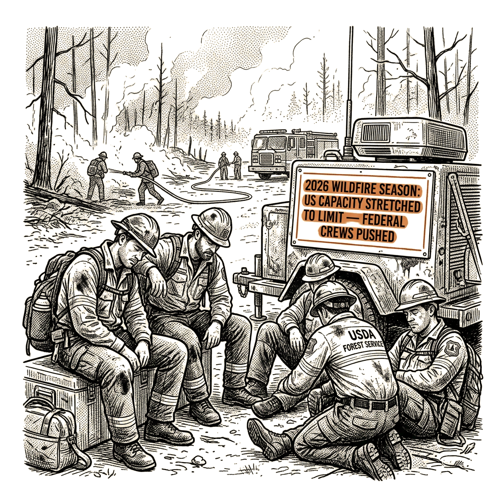 Illustration accompanying article: Crews say US firefighting capacity stretched to limit in 2026 wildfire season
