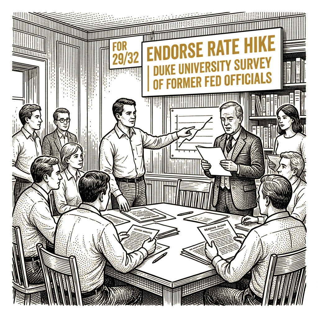 Illustration accompanying article: Duke survey finds 29 of 32 former Fed officials back rate hike