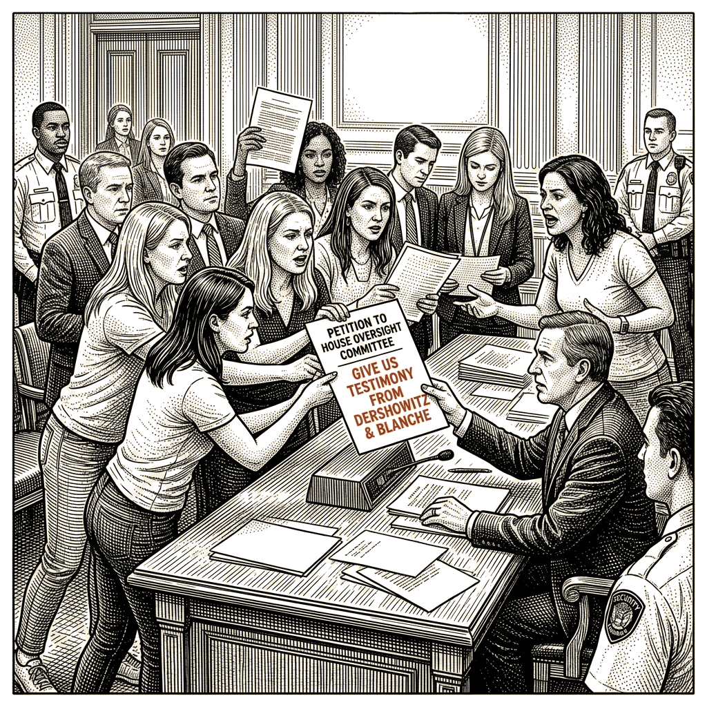Illustration accompanying article: Epstein survivors push House panel to hear from Dershowitz, AG Blanche