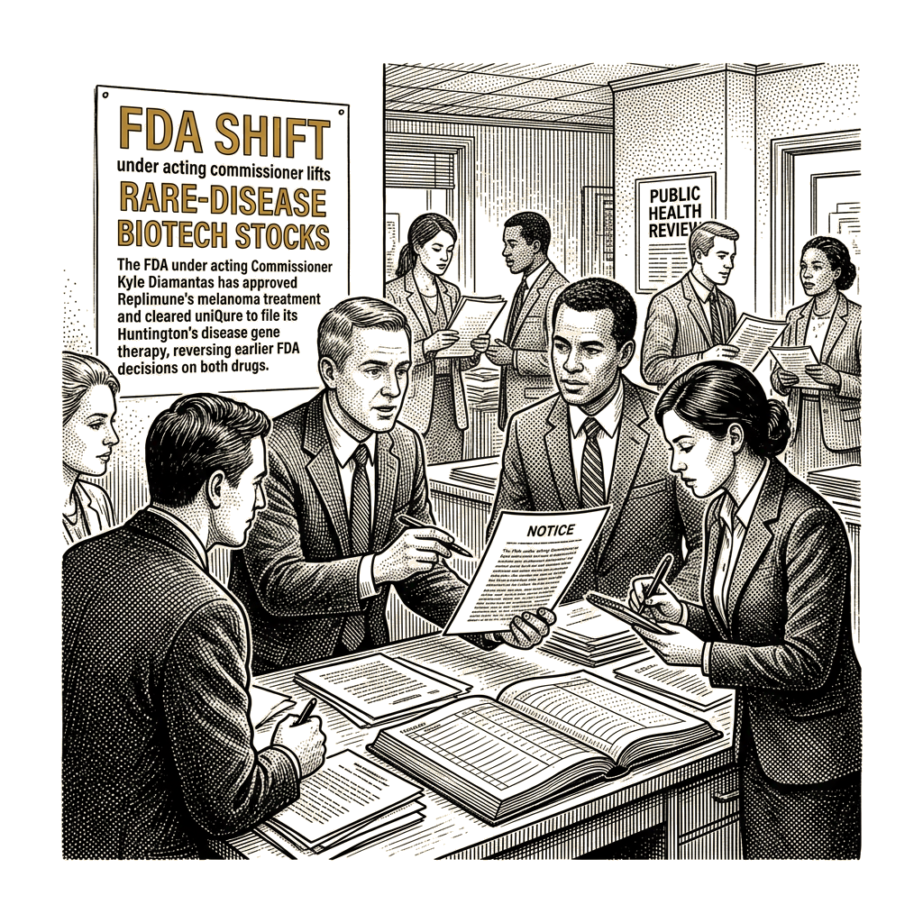 Illustration accompanying article: FDA shift under acting commissioner lifts rare-disease biotech stocks