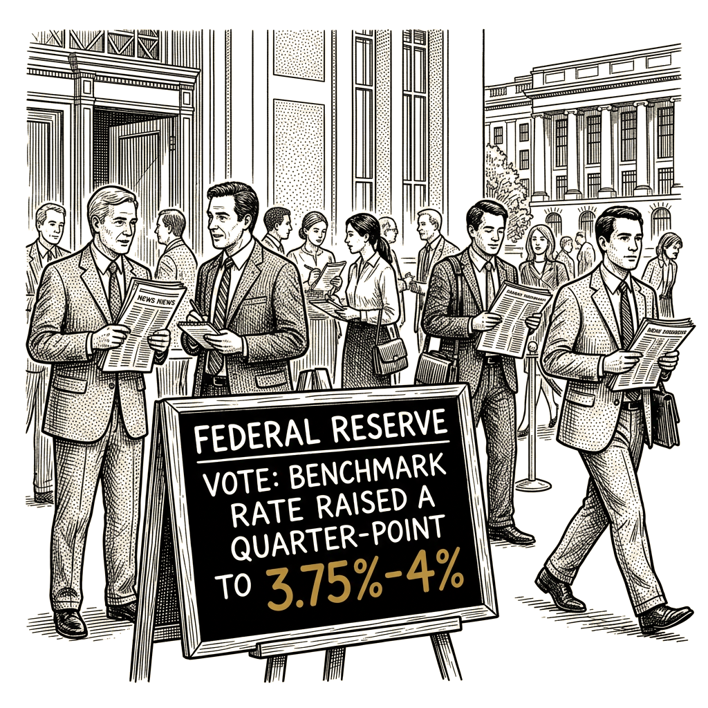 Illustration accompanying article: Fed raises benchmark rate a quarter-point to 3.75%-4%, first hike since 2023