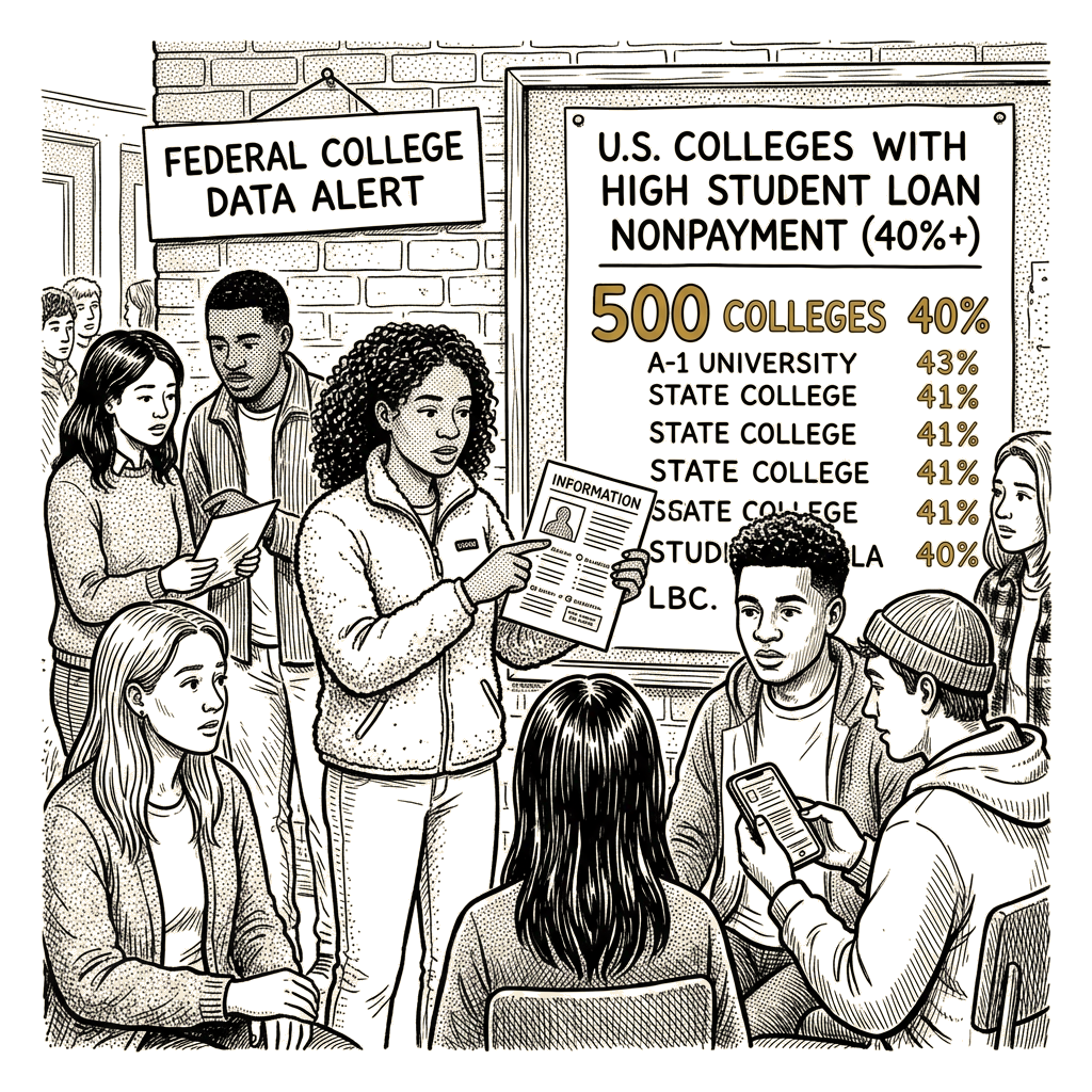 Illustration accompanying article: Federal data flags 500 colleges with student loan nonpayment at 40% or higher
