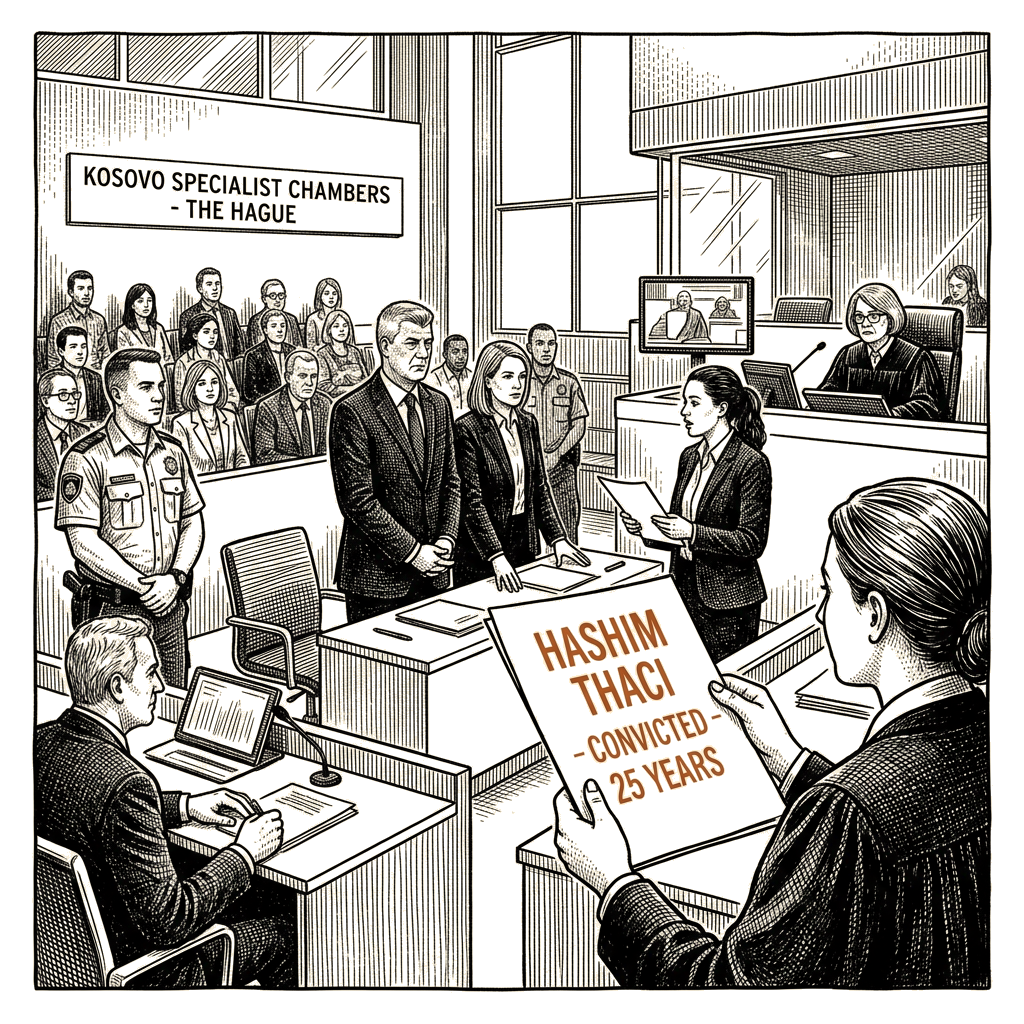 Illustration accompanying article: Former Kosovo president Thaci convicted of war crimes, sentenced to 25 years