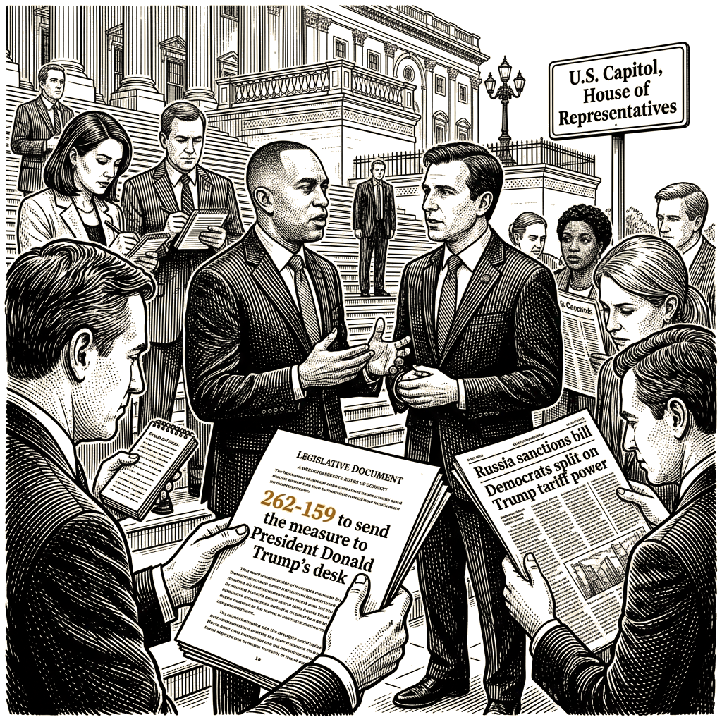 Illustration accompanying article: House Democrats split as Jeffries, Goldman diverge on Russia sanctions bill