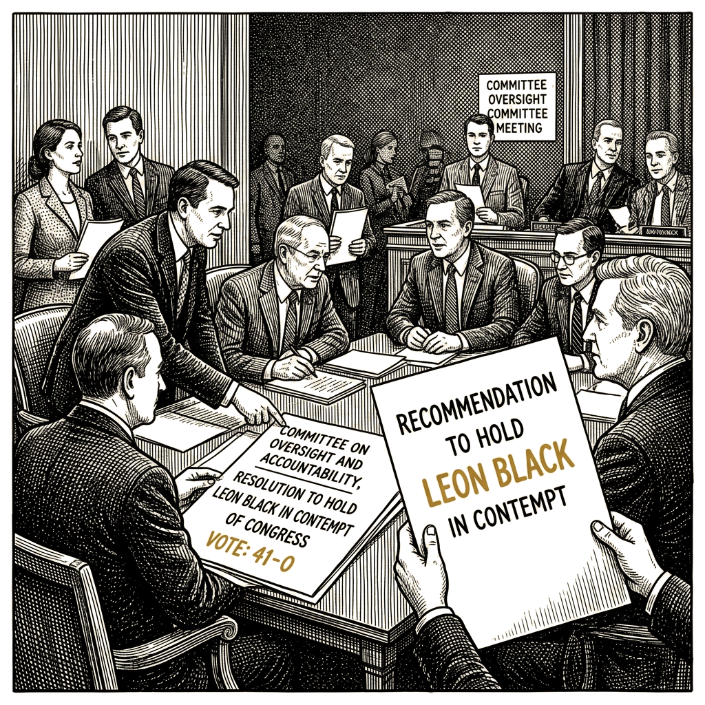 Illustration accompanying article: House panel votes to hold Leon Black in contempt over Epstein probe