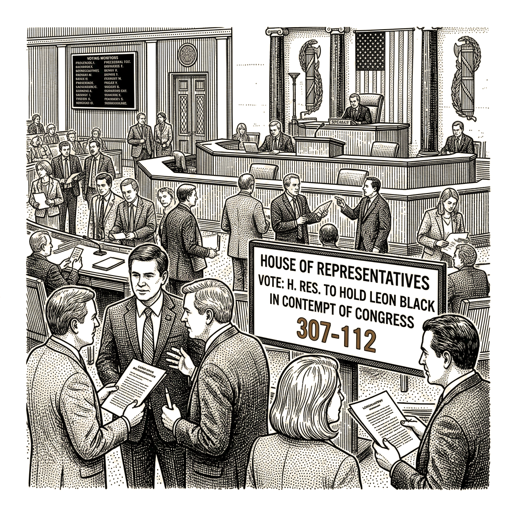 Illustration accompanying article: House votes to hold Leon Black in contempt over Epstein investigation