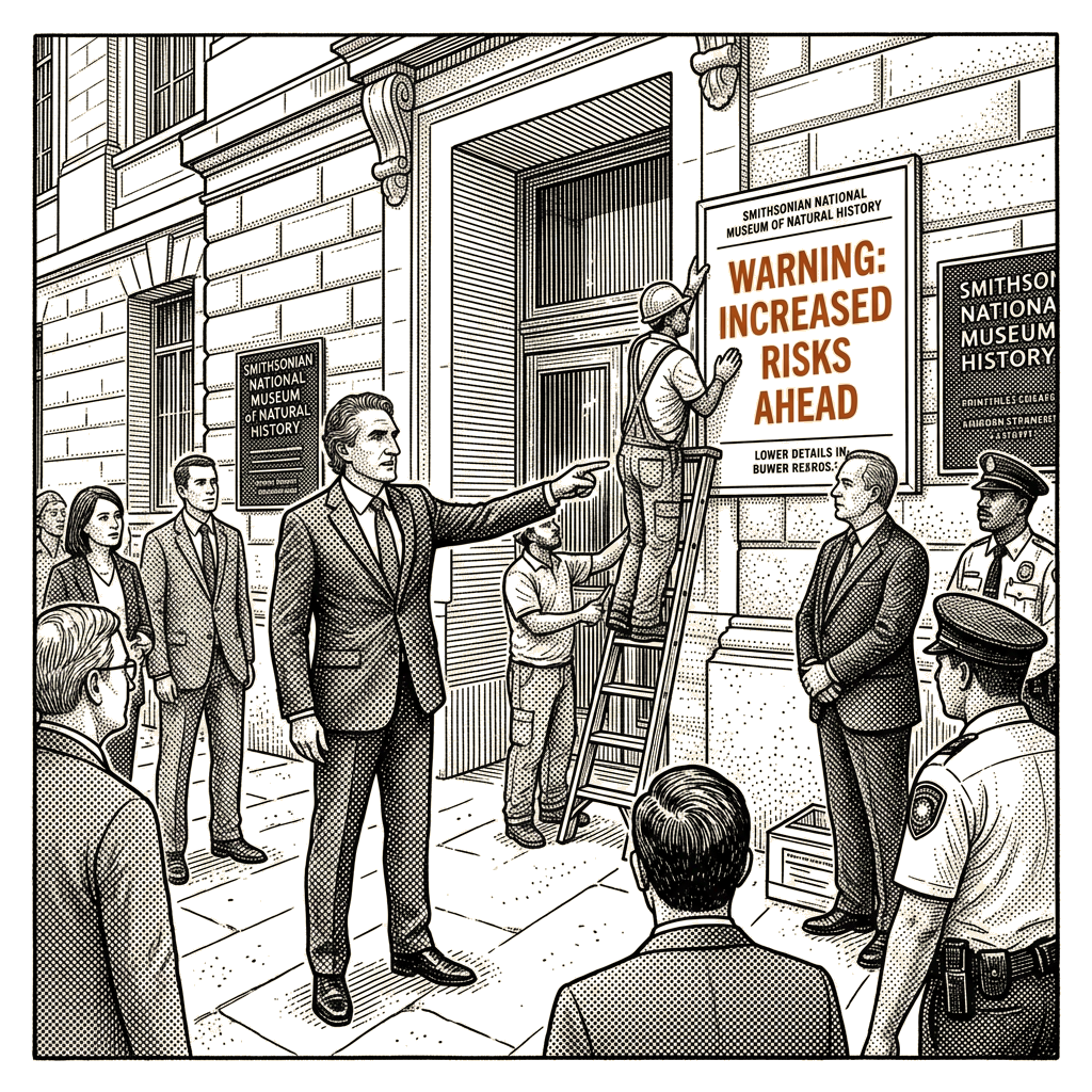 Illustration accompanying article: Interior Secretary plans warning signs outside Smithsonian museums