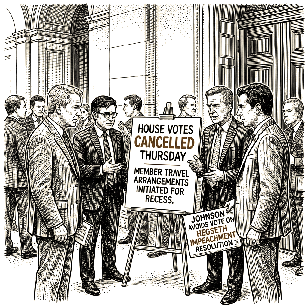 Illustration accompanying article: Johnson cancels House votes, avoiding Hegseth impeachment resolution