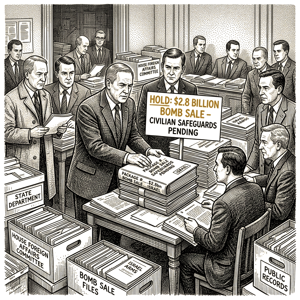 Illustration accompanying article: Meeks puts hold on $2.8bn Israel bomb sale over civilian safeguards