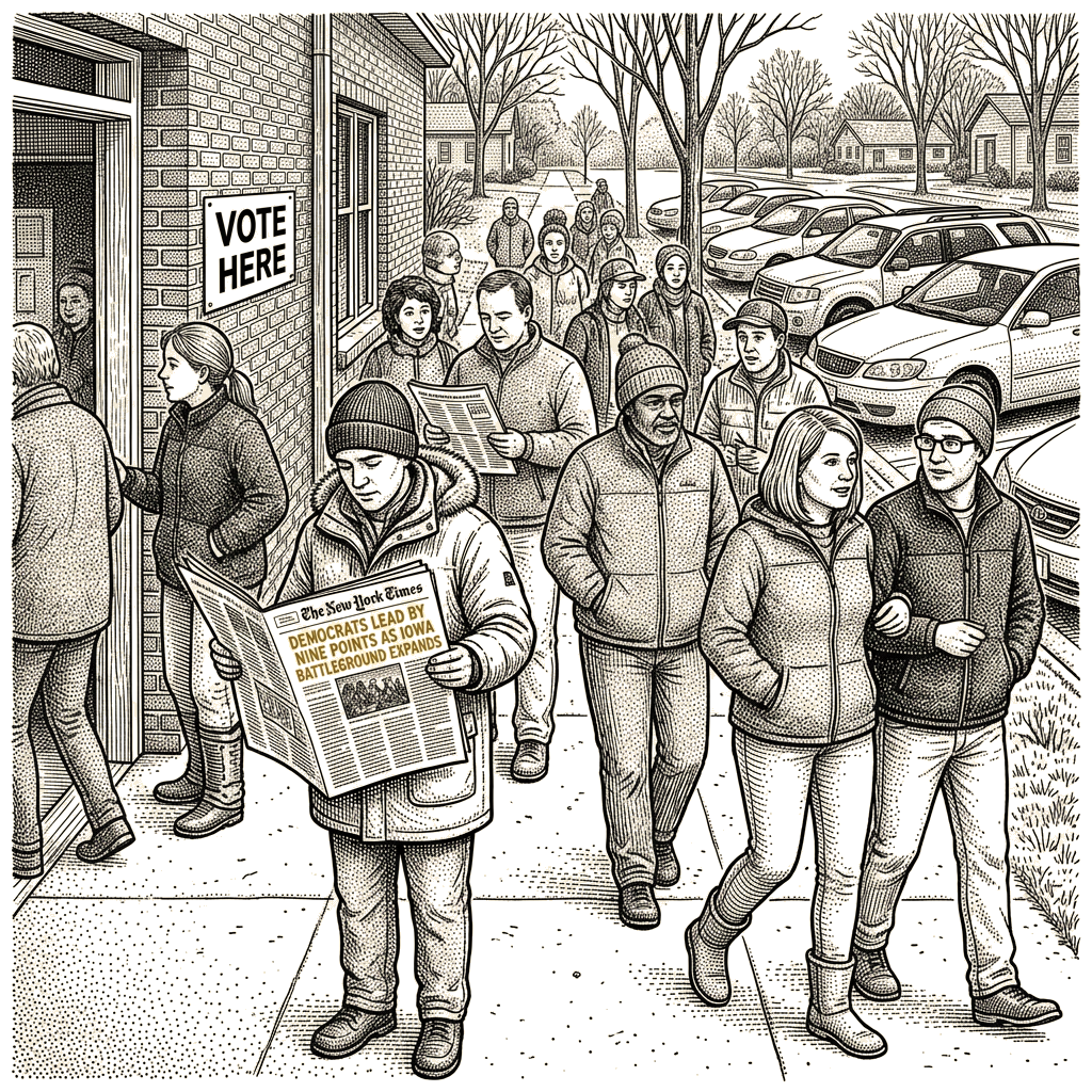 Illustration accompanying article: NYT/Siena poll: Democrats lead by nearly nine points as Iowa battleground expands