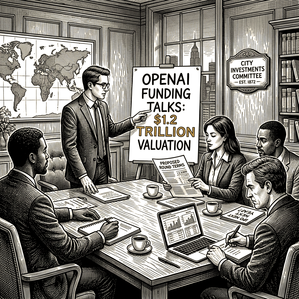 Illustration accompanying article: OpenAI in early talks for funding round at $1.2 trillion valuation