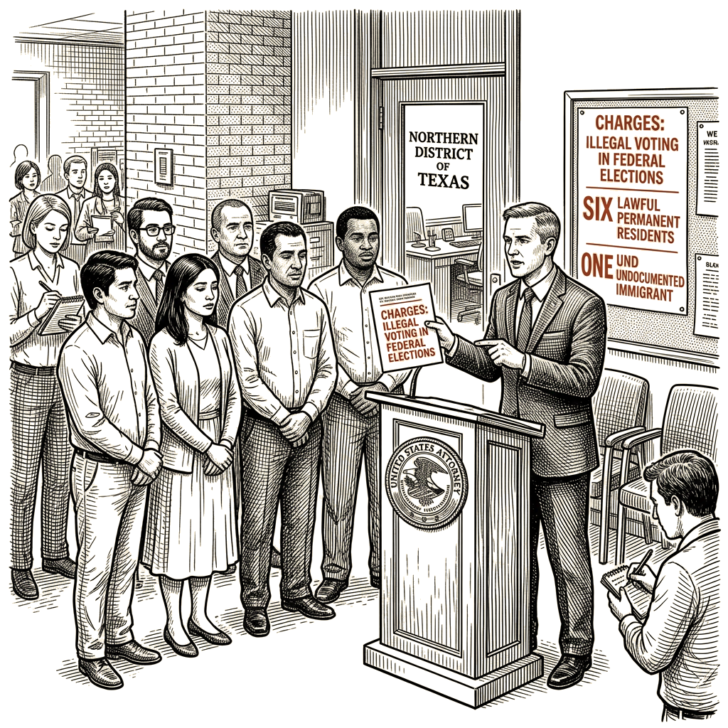 Illustration accompanying article: US attorney charges seven with illegal voting in federal elections