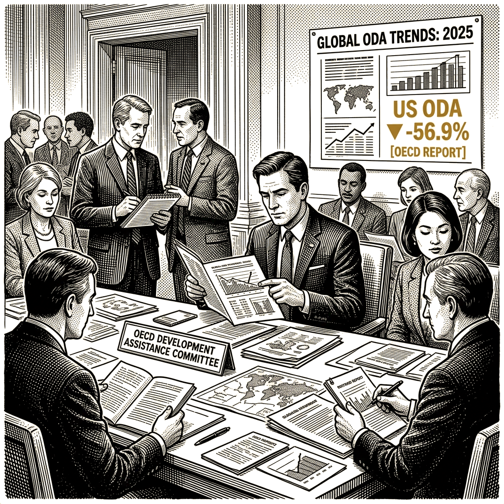 Illustration accompanying article: US official development assistance falls 56.9% in 2025, OECD reports