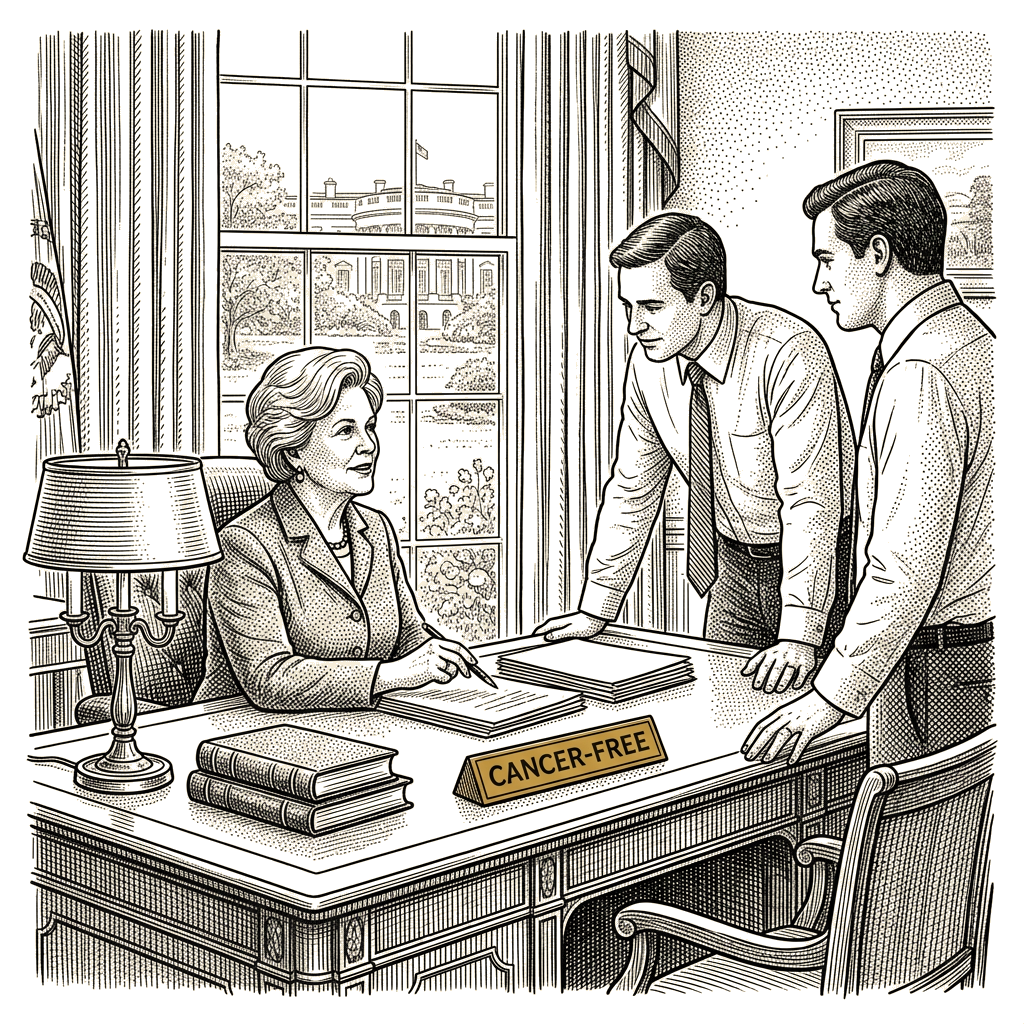 Illustration accompanying article: White House chief of staff Wiles says she is cancer-free