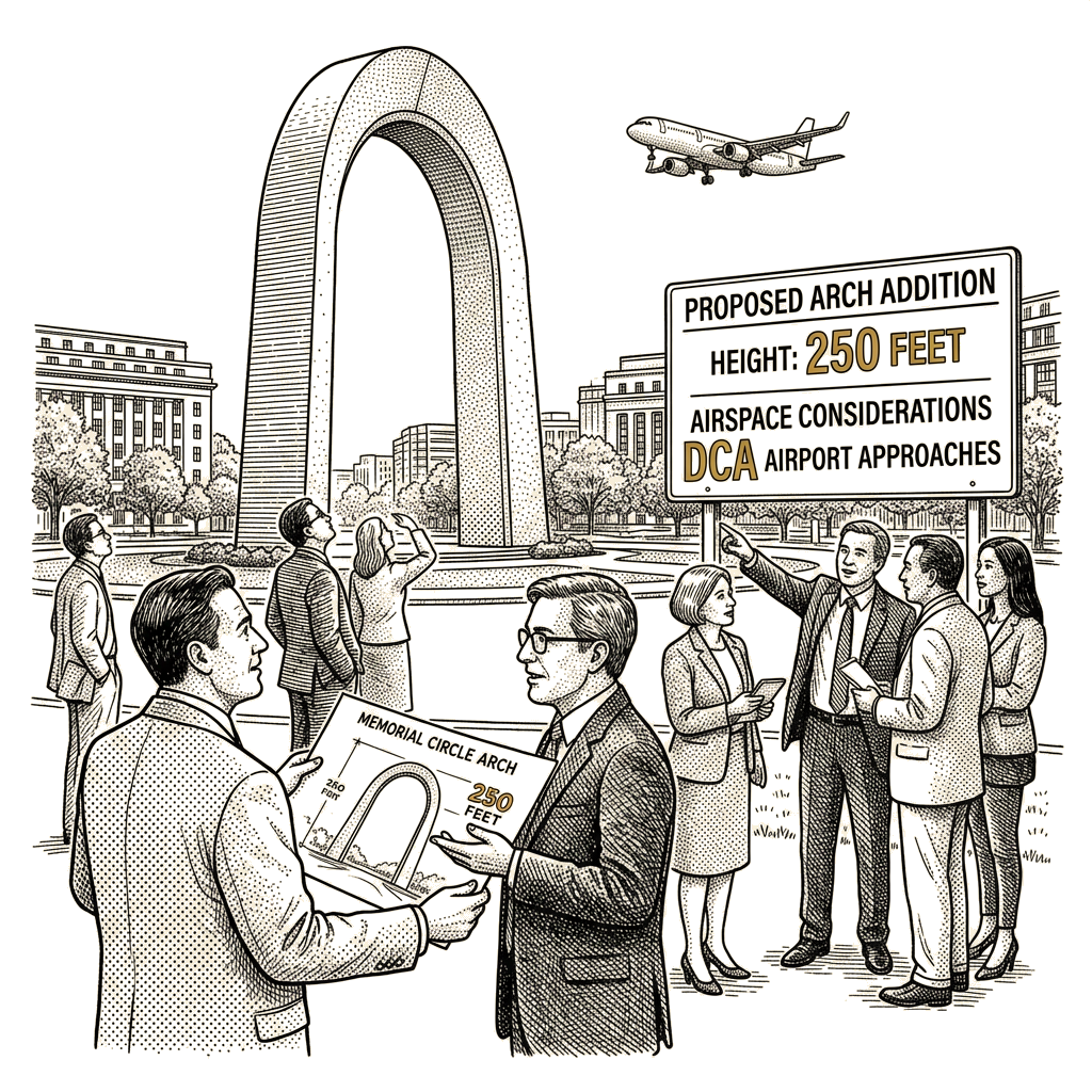 Illustration accompanying article: Aviation experts say Trump arch likely safe for planes but adds airspace risk