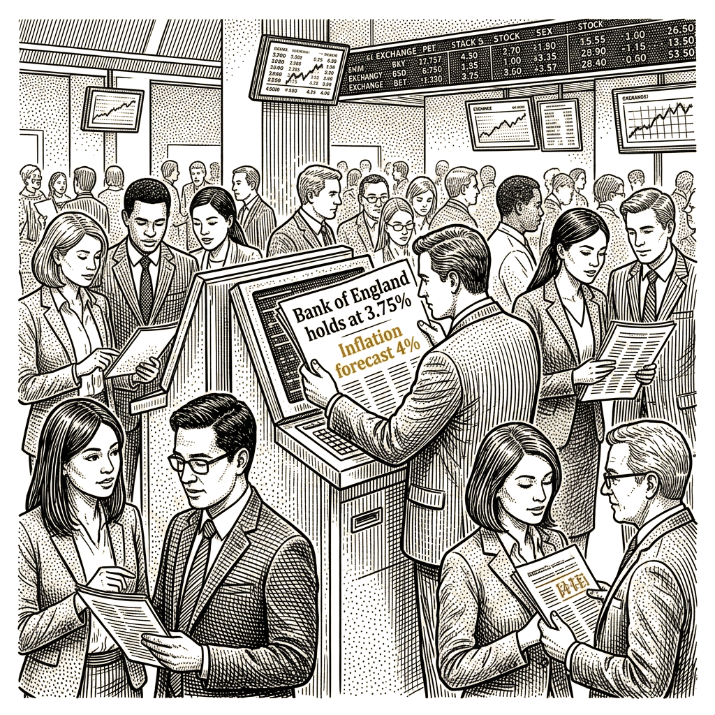 Illustration accompanying article: Bank of England holds at 3.75% as Iran war lifts inflation forecast to 4%