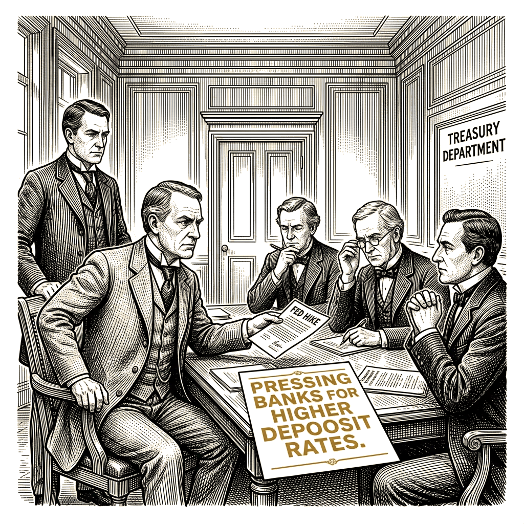 Illustration accompanying article: Corporate treasurers push banks for higher deposit rates after Fed hike