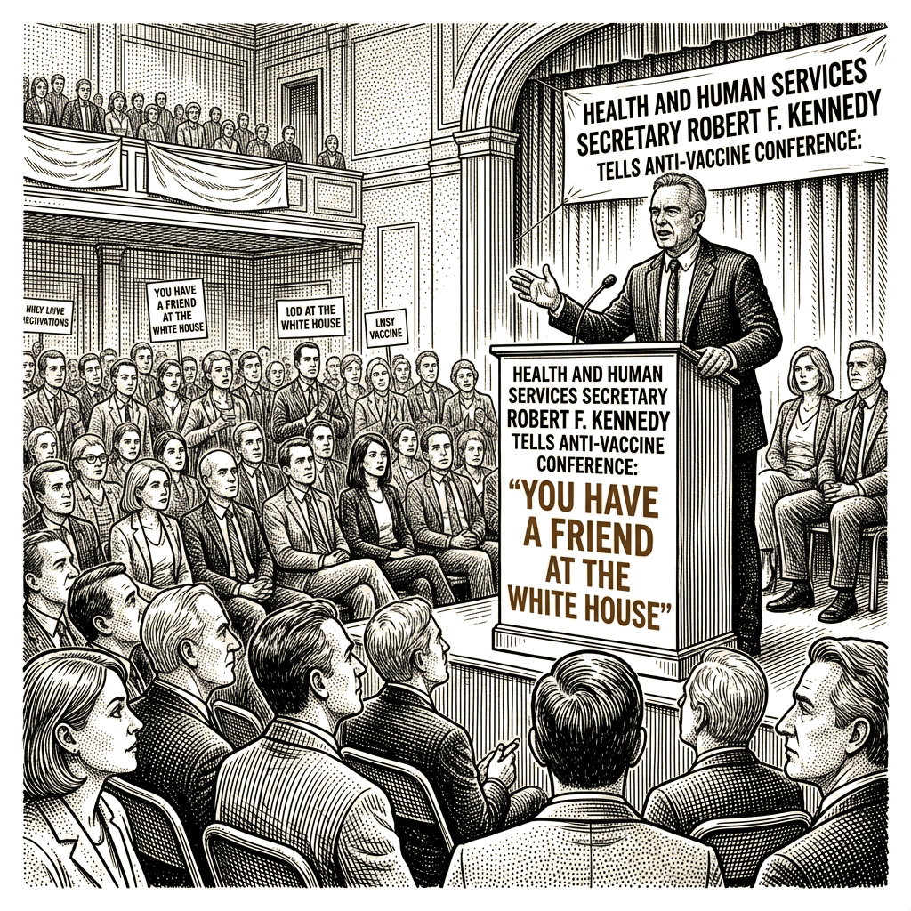 Illustration accompanying article: Kennedy tells anti-vaccine conference: ''you have a friend at the White House''