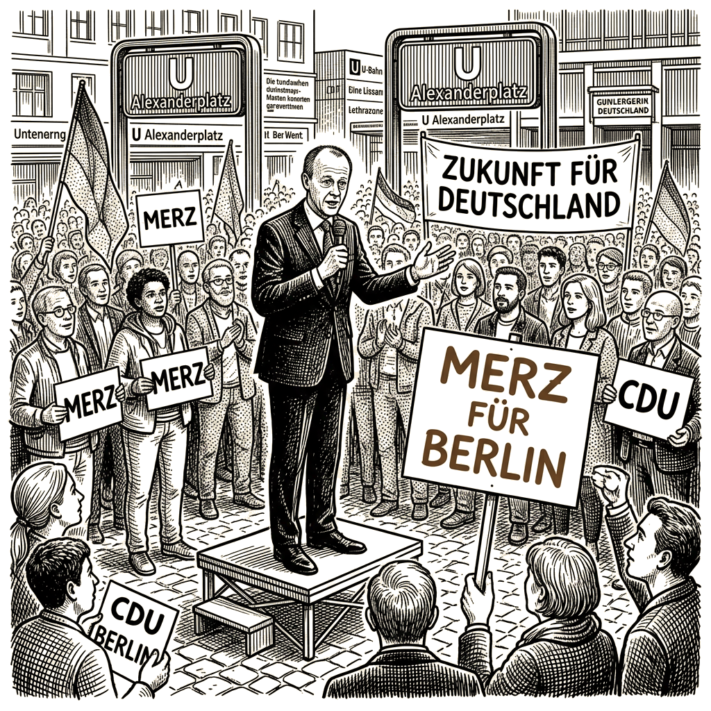 Illustration accompanying article: Merz turns to Berlin campaign trail ahead of pivotal weekend elections