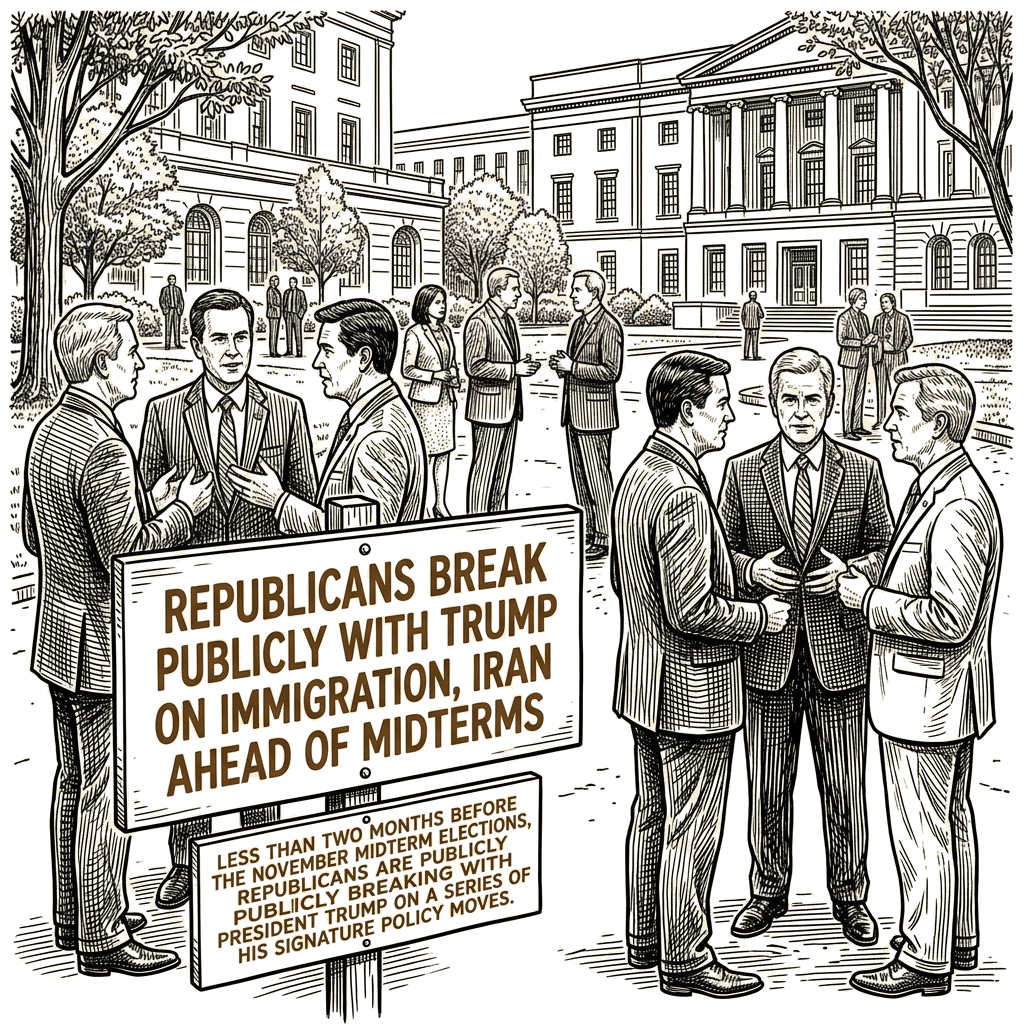 Illustration accompanying article: Republicans break publicly with Trump on immigration, Iran ahead of midterms