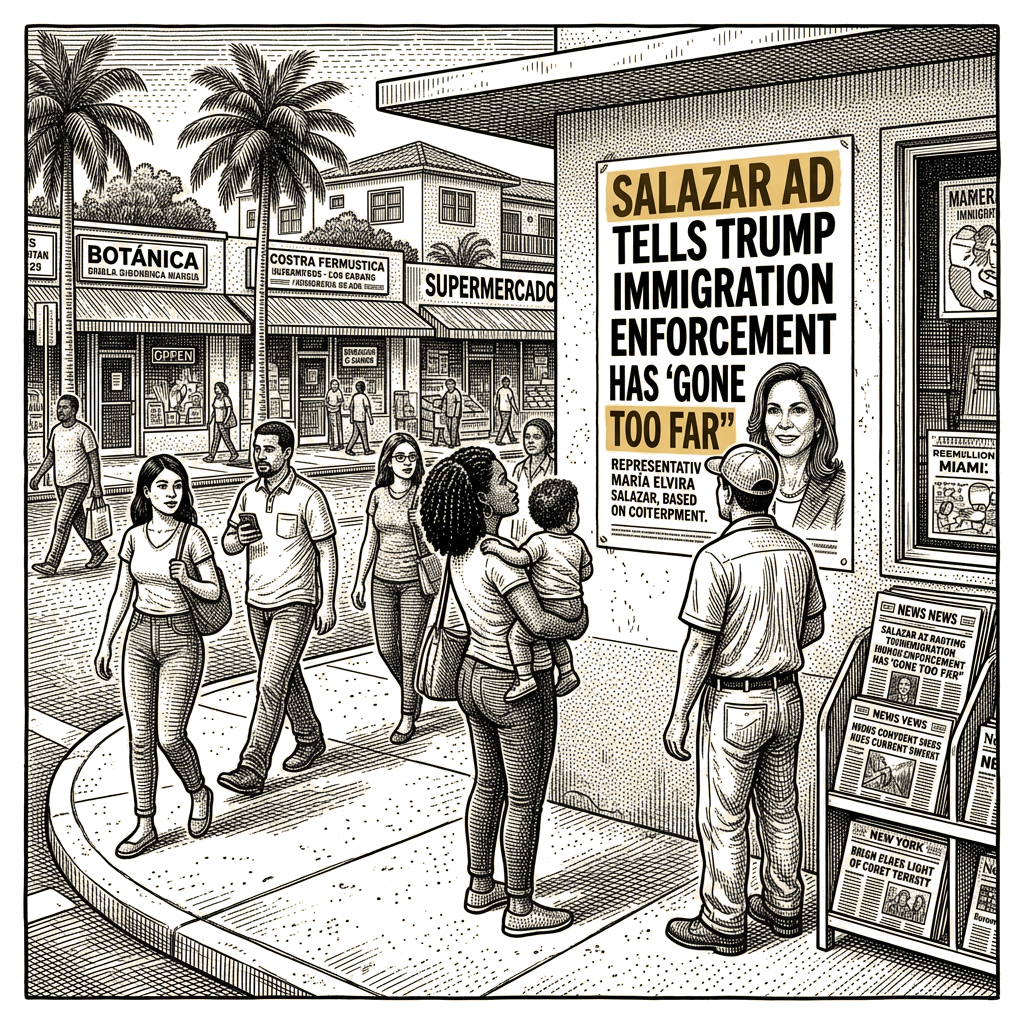 Illustration accompanying article: Salazar ad tells Trump immigration enforcement has 'gone too far'