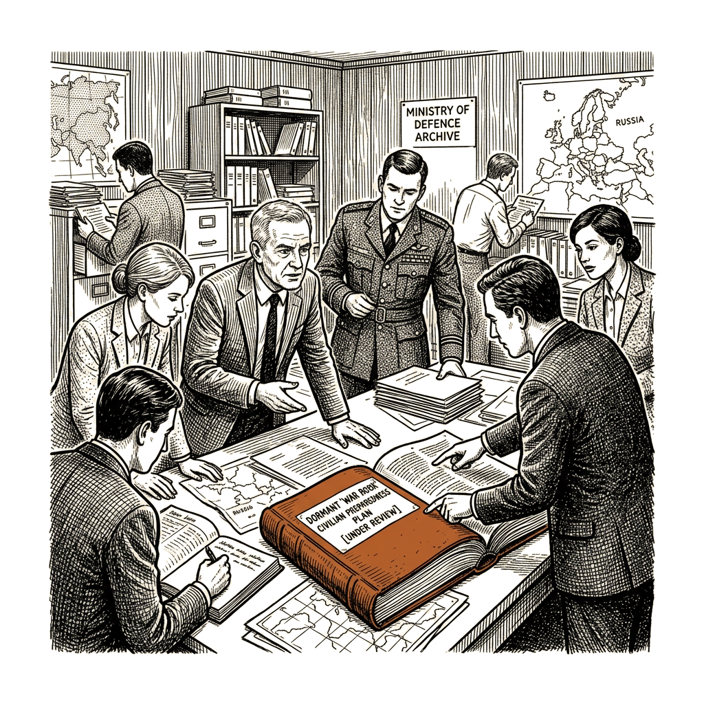Illustration accompanying article: UK begins work on dormant 'war book' as defence chief warns of Russian threat