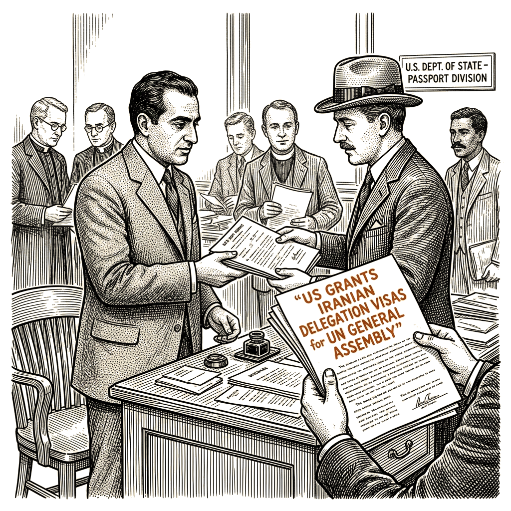 Illustration accompanying article: US grants Iranian delegation visas for UN General Assembly