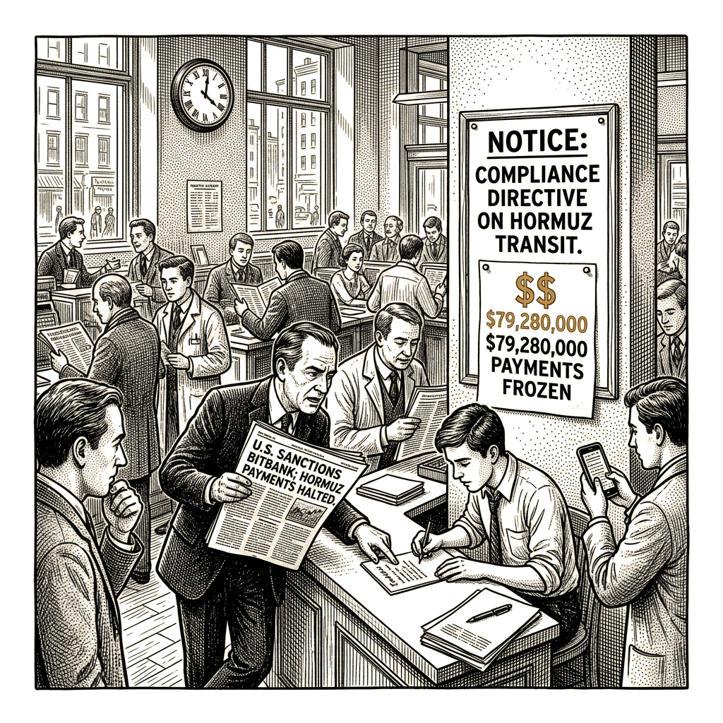 Illustration accompanying article: US sanctions BitBank over Hormuz transit payments