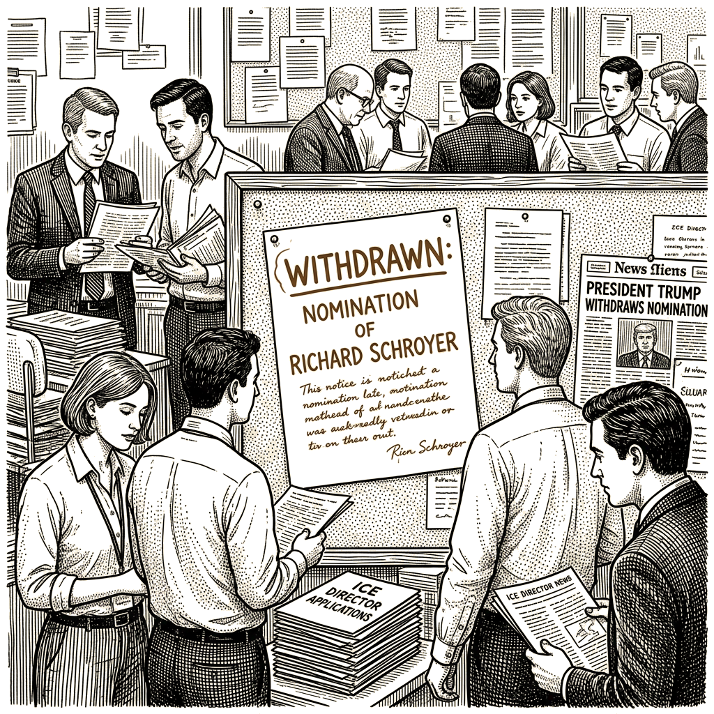 Illustration accompanying article: White House withdraws ICE director nominee Richard Schroyer