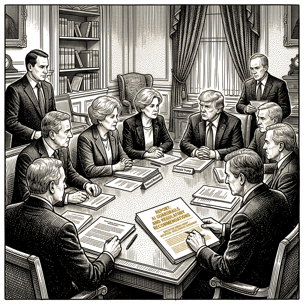 Illustration accompanying article: Wiles, Bessent press Trump on AI guardrails as tech CEOs resist oversight
