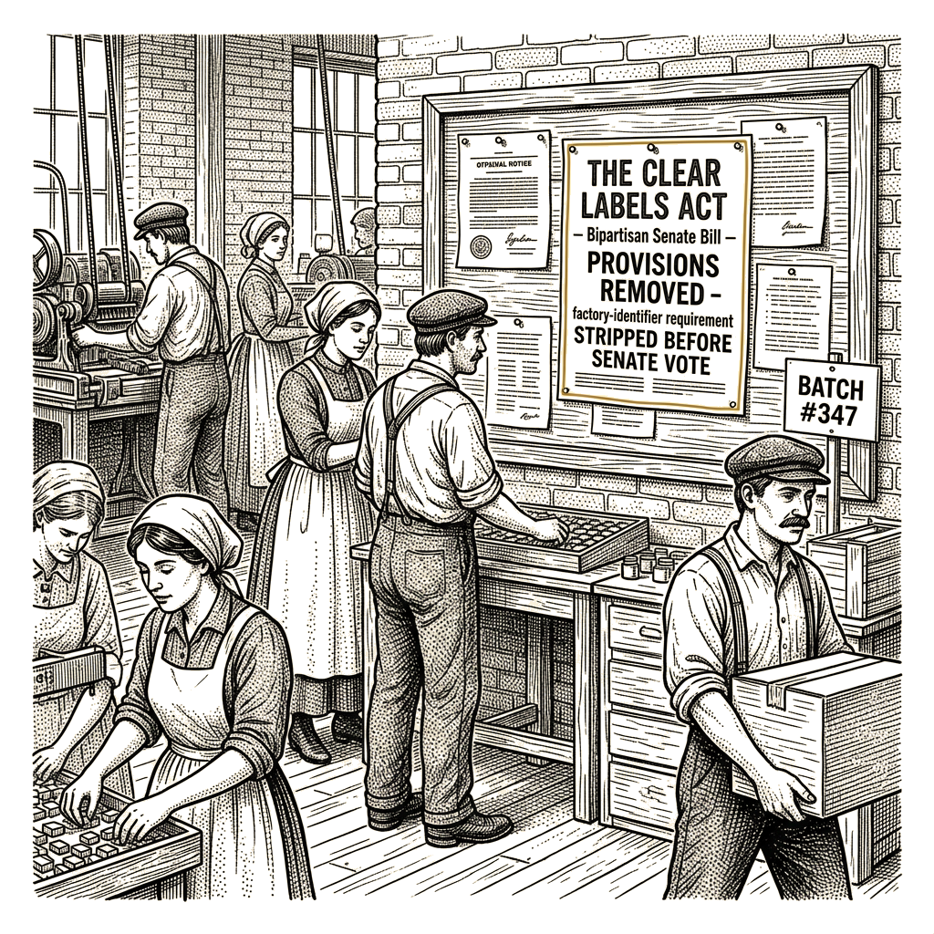 Illustration accompanying article: Clear Labels Act loses factory-identifier requirement before Senate vote