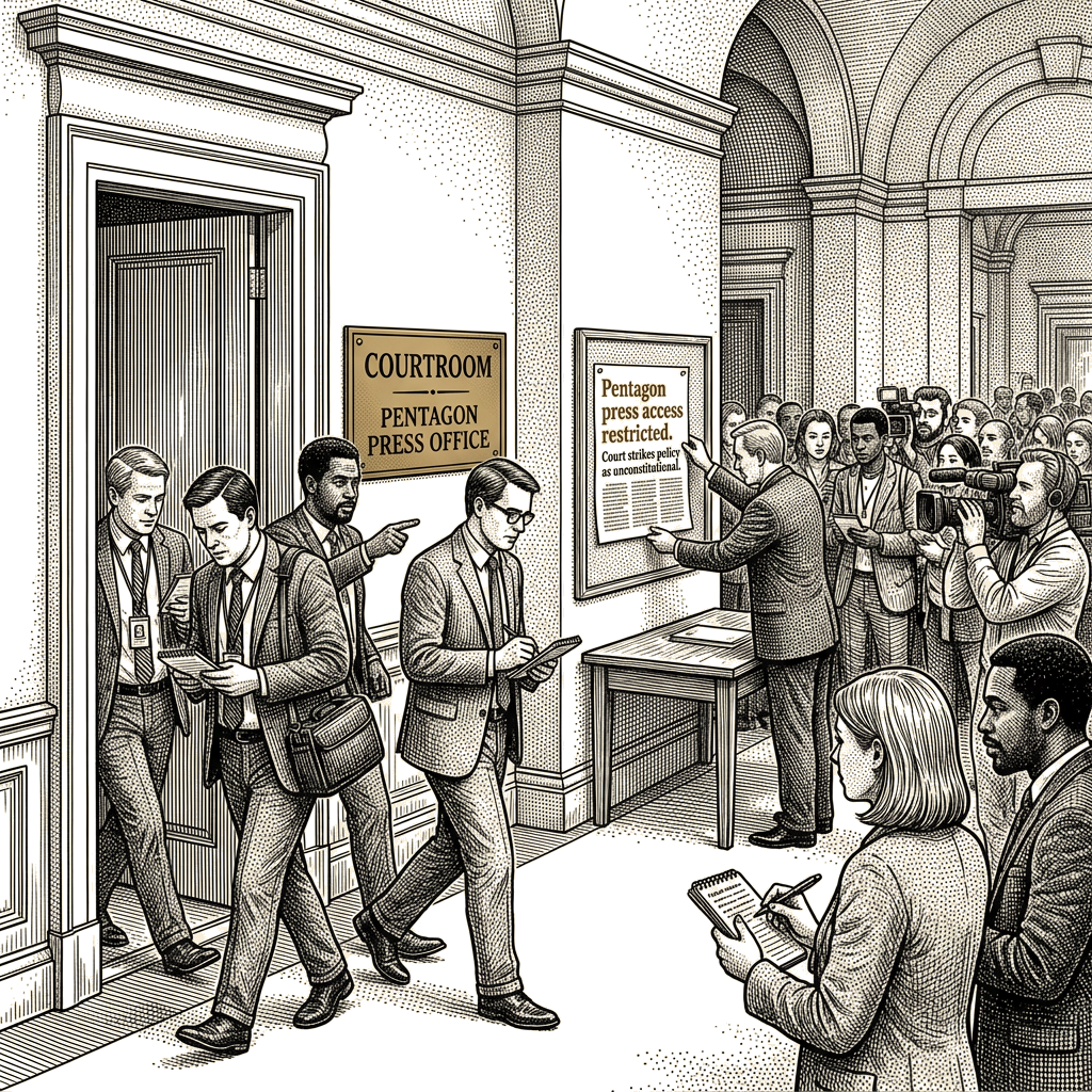 Illustration accompanying article: Court strikes Pentagon press policy as Trump restricts outlet access