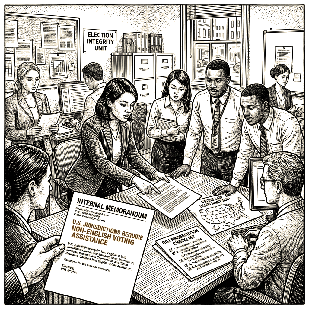 Illustration accompanying article: DHS shared non-English voting jurisdictions alongside DOJ prosecution checklist