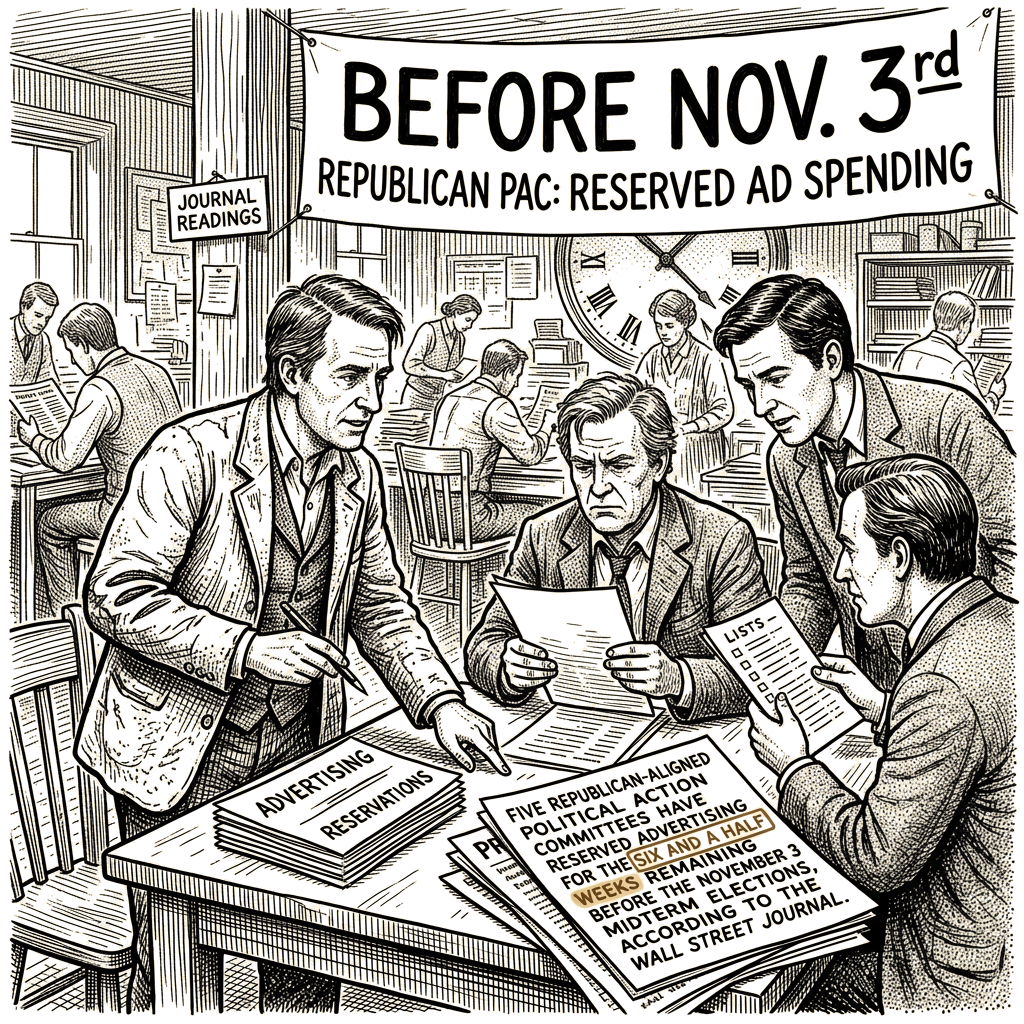 Illustration accompanying article: Five Republican-aligned PACs reserve ad spending ahead of November 3