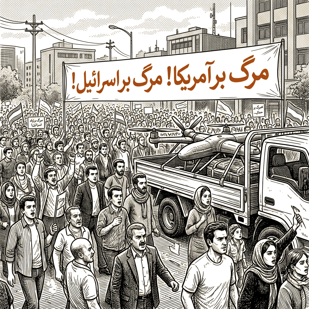 Illustration accompanying article: Iran holds pro-government rally marking 200 days of war with U.S.