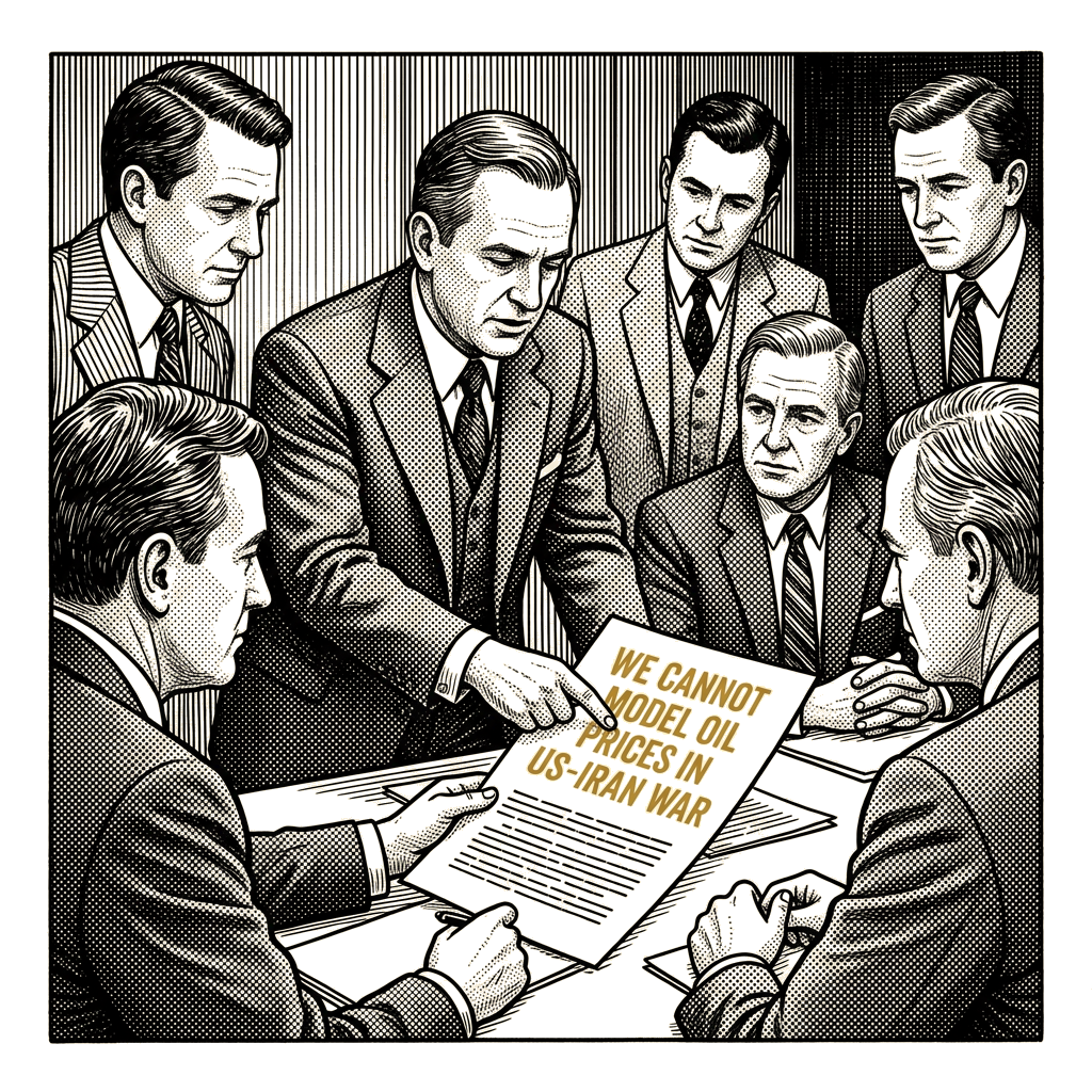 Illustration accompanying article: JP Morgan tells investors it cannot model oil prices in US-Iran war