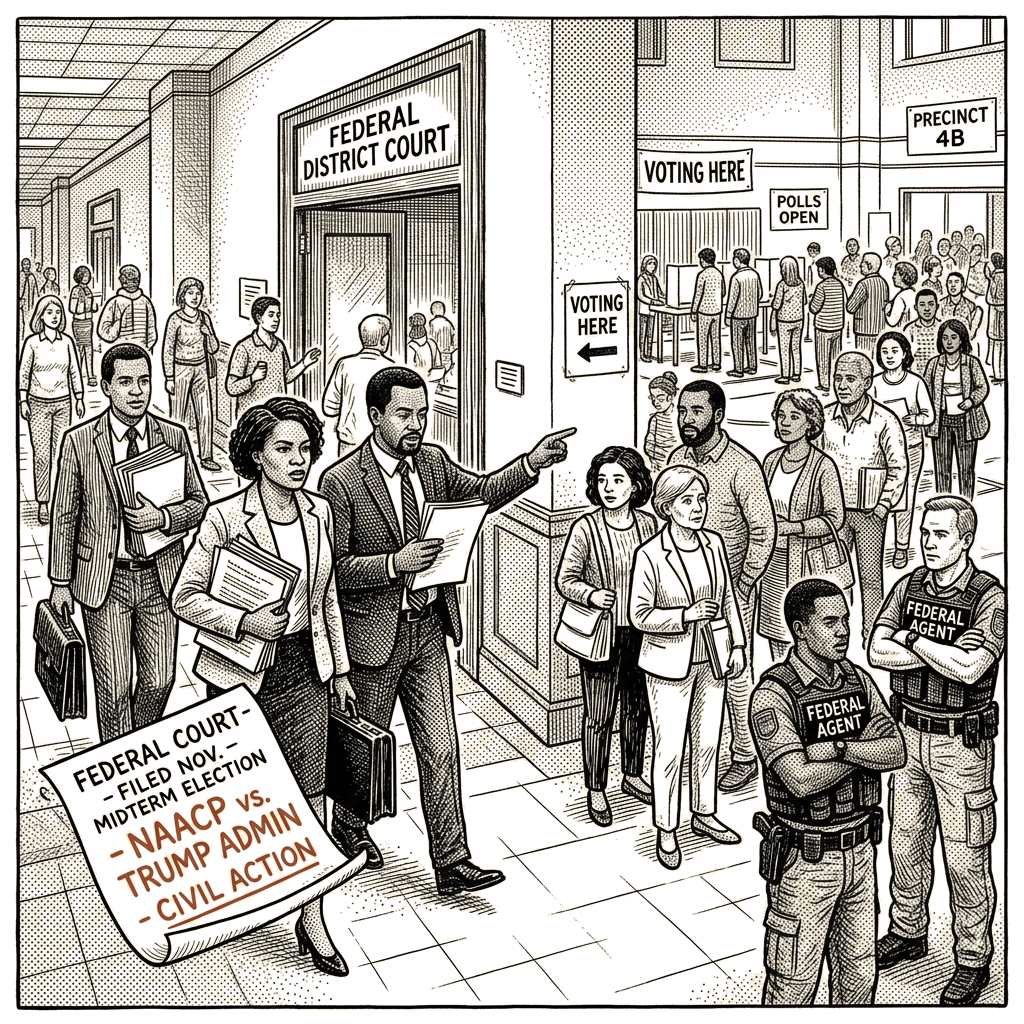 Illustration accompanying article: NAACP sues Trump administration over federal agents at polls